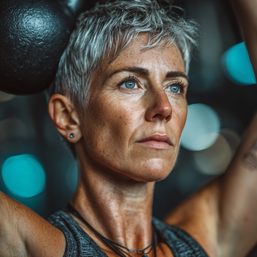 A fit woman in her late 40s with short gray hair performing a kettlebell exercise in a modern gym, wearing athletic clothing and showing focused determination