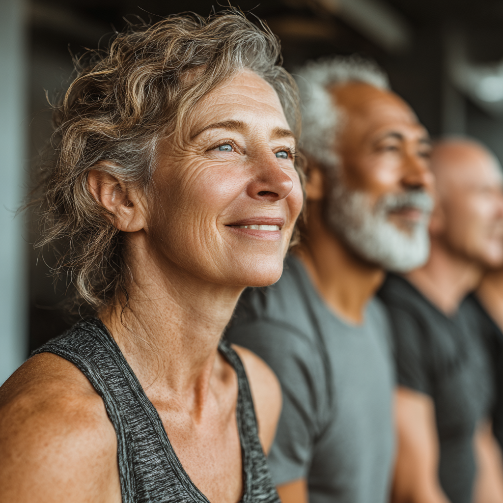 A group of mature adults in their 50s practicing stretching exercises in a bright fitness studio, smiling and engaged with their personal trainer